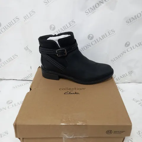 CLANKS MAYE ANKLE BOOT SIZE 8 BLACK LEATHER - BOXED