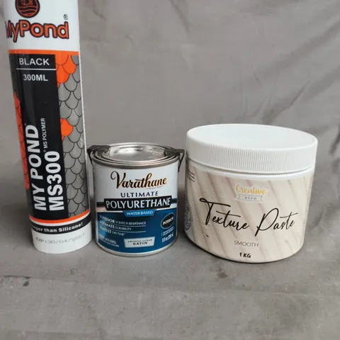 APPROX 10 ASSORTED ITEMS TO INCLUDE - MYPOND MS300 SEALANT; VARATHANE ULTIMATE POLYURETHANE (WATER-BASED); TEXTURE PASTE 1KG 