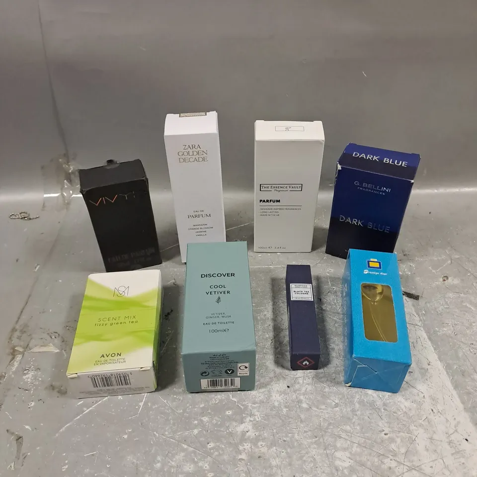 APPROXIMATELY 8 ASSORTED BOXED FRAGRANCES TO INCLUDE - ZARA GOLDEN DECADE - G.BELLINI DARK BLUE - DISCOVER COOL VETIVER - ETC