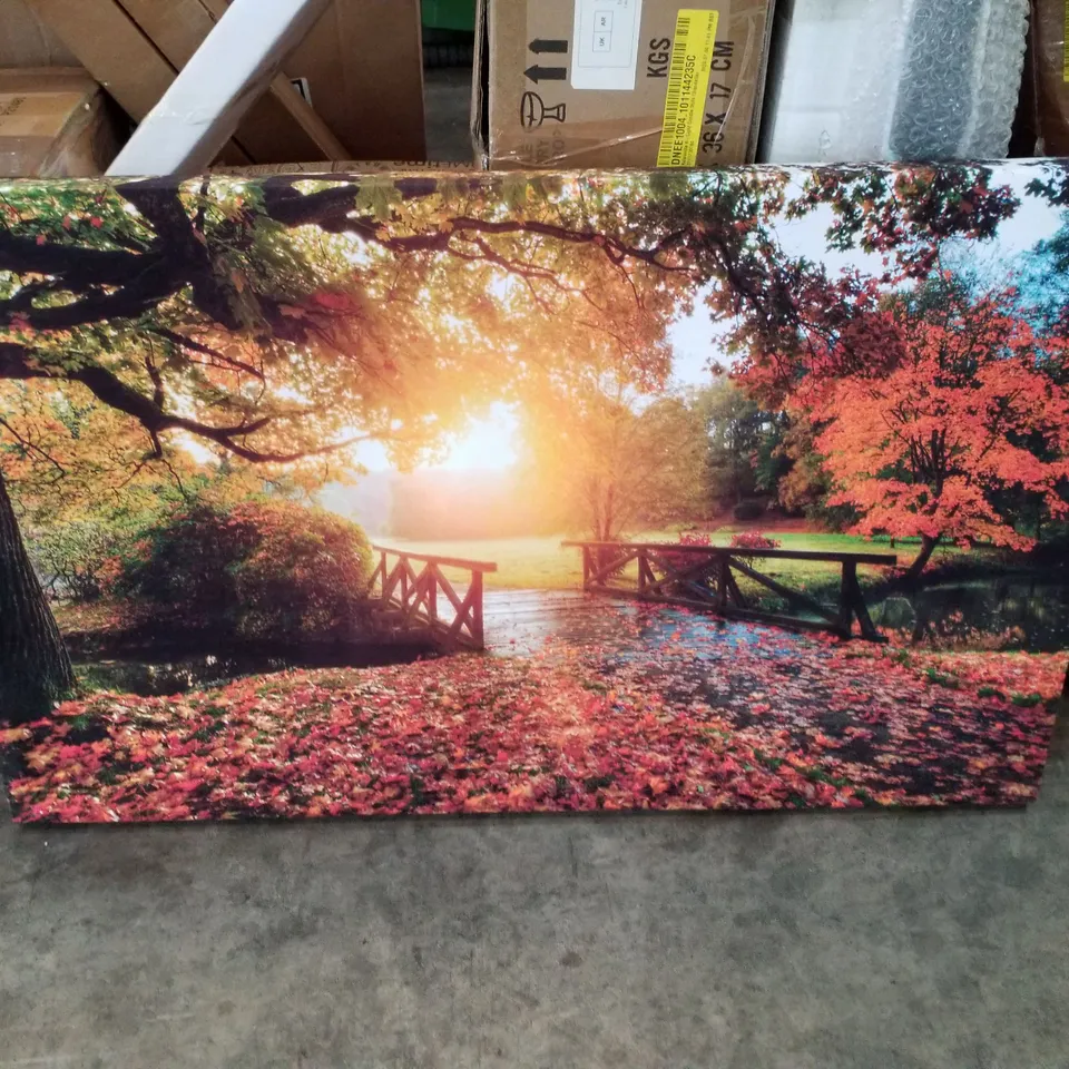 WOODLAND BRIDGE AUTUMN TRANQUILITY WRAPPED CANVAS