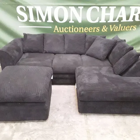 QUALITY DESIGNER CORNER SOFA WITH FOOTSTOOL - BLACK CORDUROY FABRIC