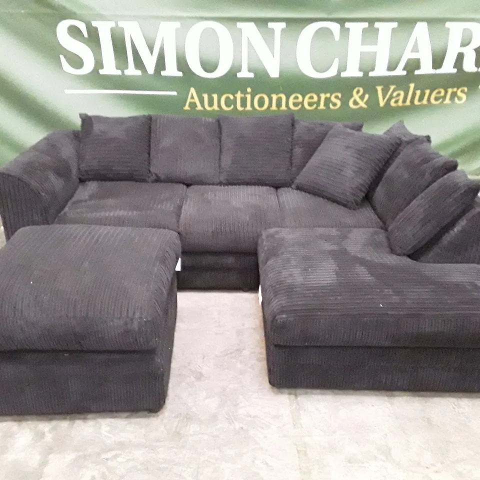QUALITY DESIGNER CORNER SOFA WITH FOOTSTOOL - BLACK CORDUROY FABRIC