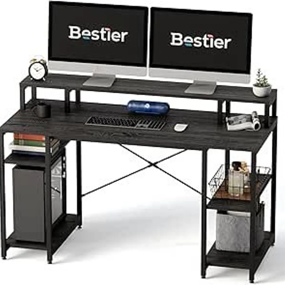 BOXED BESTIER 140CM COMPUTER TABLE WITH MONITOR STAND & STORAGE SHELVES - BLACK (1 BOX)