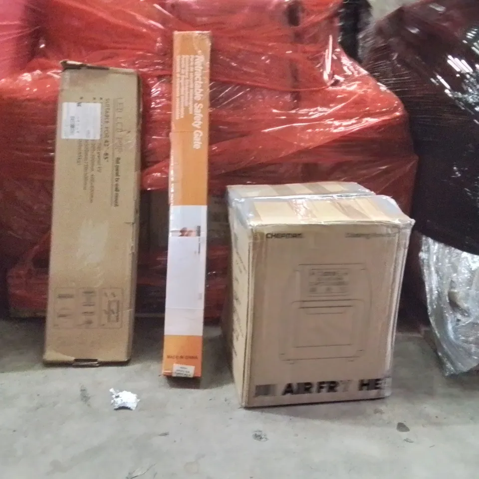 PALLET OF ASSORTED HOUSEHOLD GOODS AND PRODUCTS TO INCLUDE;AIR FRYER,RETRACTABLE SAFETY GATE,TV WALL MOUNT