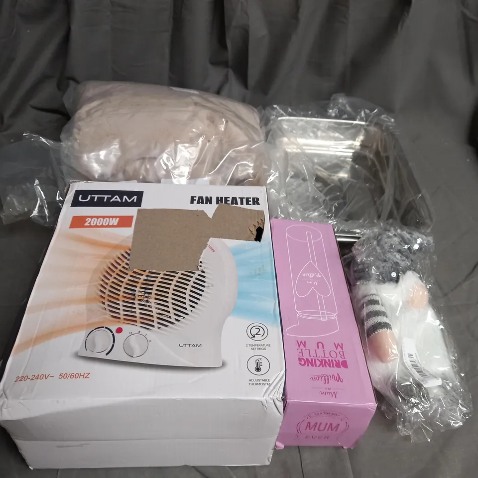 BOX OF APROXIMATELY 12 ASSORTED HOUSEHOLD ITEMS TO INCLUDE HEATED FANS , BLANKETS , COOKING TRYAS , ETC