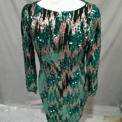 WAREHOUSE SEQUIN DRESS IN GREEN/GOLD SIZE 8