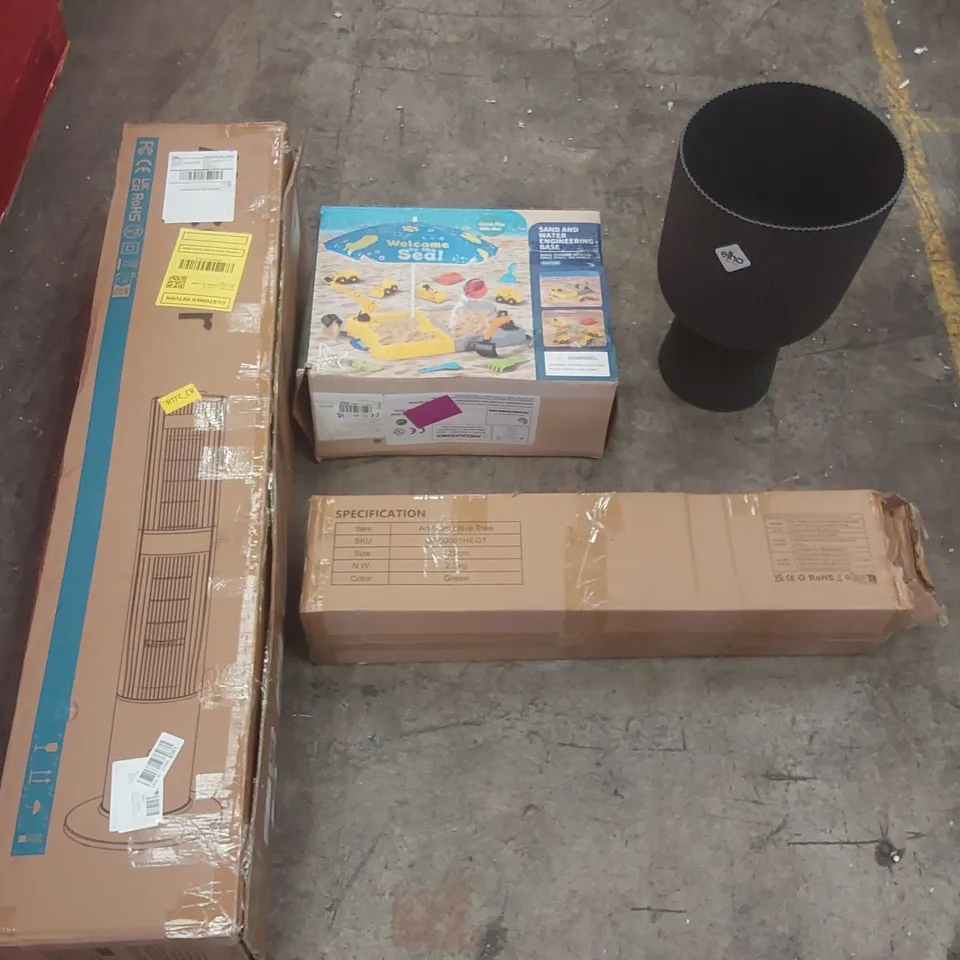 PALLET CONTAINING A VERY LARGE QUANTITY OF ASSORTED ITEMS INCLUDING: TOWER AIR COOLER, ARTIFICIAL OLIVE TREE, SAND AND WATER ENGINEERING GAME, ELHO PLANTER ECT