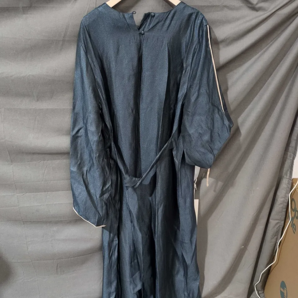 PODUR DENIM MAXI DRESS – LONG BLUE DRESS WITH CREAM RIBBON TRIM, UK 46 (EU 56)