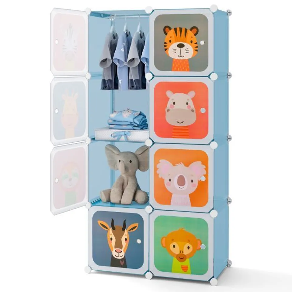 BOXED COSTWAY 8-CUBE KIDS WARDROBE CLOSET WITH CLOTHES HANGING SECTION AND DOORS