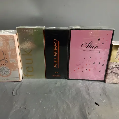 BOX OF APPROXIMATELY 5 ASSORTED SEALED FRAGRANCES TO INCLUDE - LATTAFA YARA - FCUK HER - AVON FULLSPEED - ETC