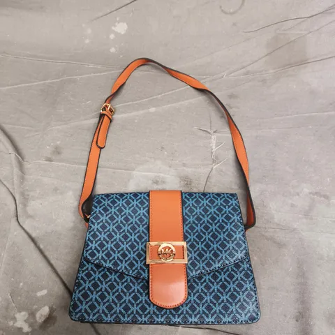 MICHAEL KORS MONOGRAM SHOULDER BAG - BLUE JACQUARD WITH TAN LEATHER STRAP