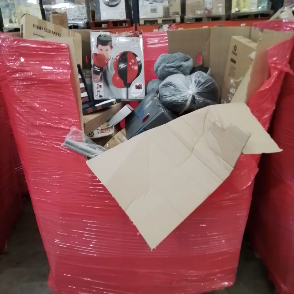 PALLET OF ASSORTED HOUSEHOLD ITEMS AND CONSUMER PRODUCTS TO INCLUDE; GAMING STEERING WHEEL AND PEDALS, PUNCHING BALL, TOILET SEAT, THROWS, ETC.