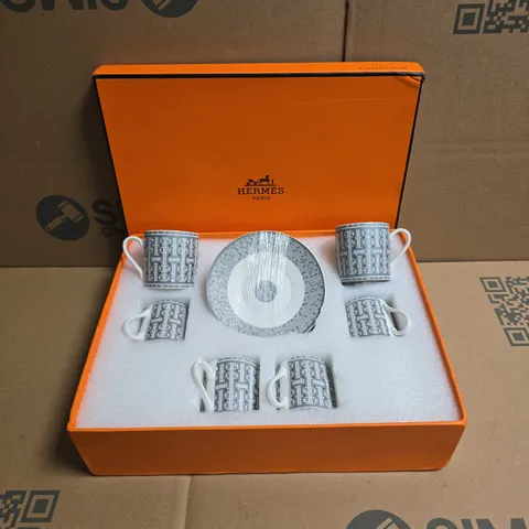 BOXED HERMES PARIS CUP & SAUCER SET INCLUDES - 6 SAUCERS 6 CUPS