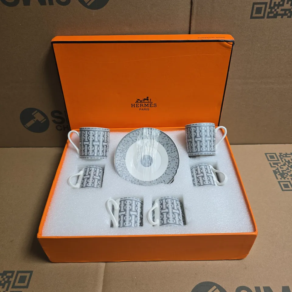 BOXED HERMES PARIS CUP & SAUCER SET INCLUDES - 6 SAUCERS 6 CUPS