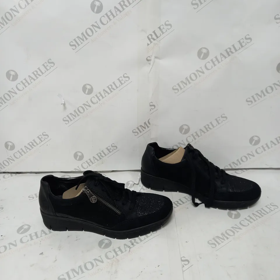 RIEKER WEDGE TRAINERS WITH SIDE ZIPS - BLACK - SIZE 6 - BOXED