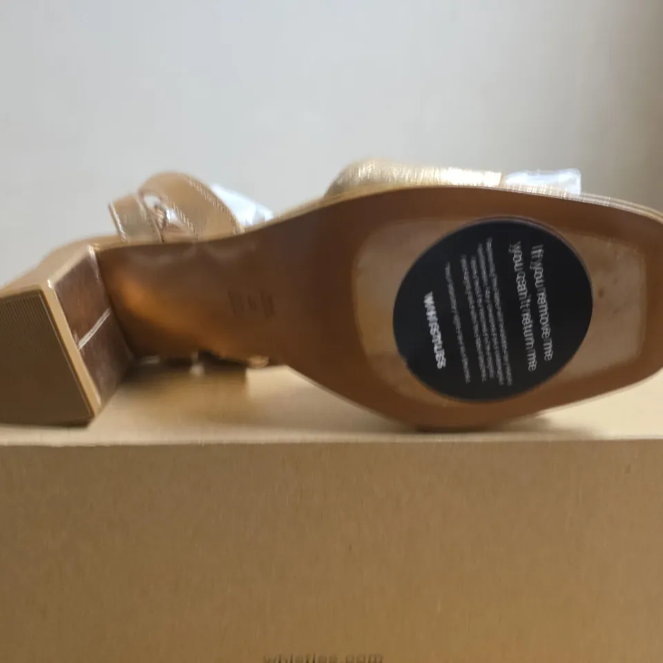 BOXED PAIR OF WHISTLES EDEN BLOCK HEEL SANDAL - GOLD, UK 4