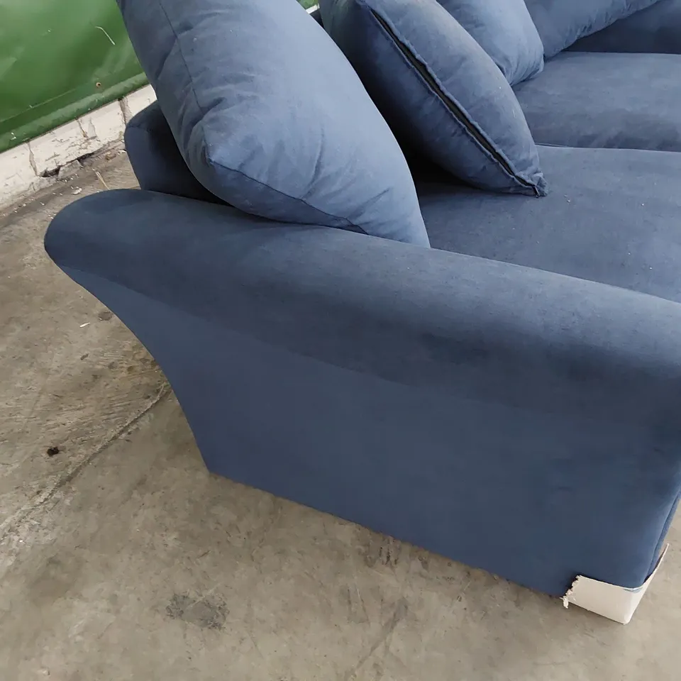 DESIGNER THREE SEATER SOFA WITH SCATTER CUSHIONS BLUE PLUSH FABRIC 