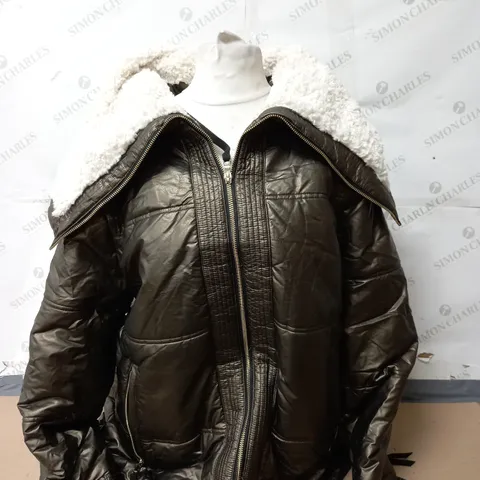 NUAGE FAUX LEATHER SHERPA TRIM JACKET IN METALLIC BRONZE SIZE XL 