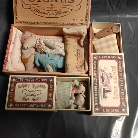 LOT OF 3 MOUSE PLUSHIES IN MATCHBOX AND CIGAR BEDS