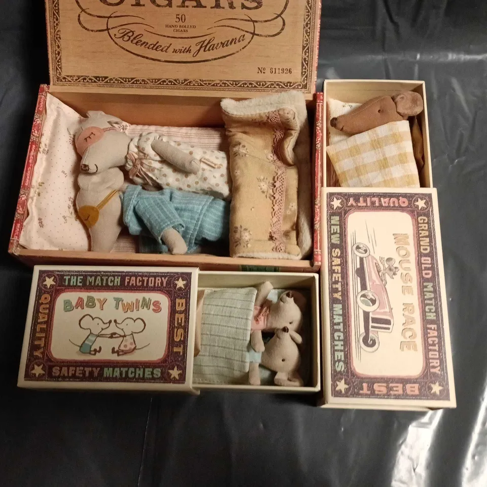 LOT OF 3 MOUSE PLUSHIES IN MATCHBOX AND CIGAR BEDS