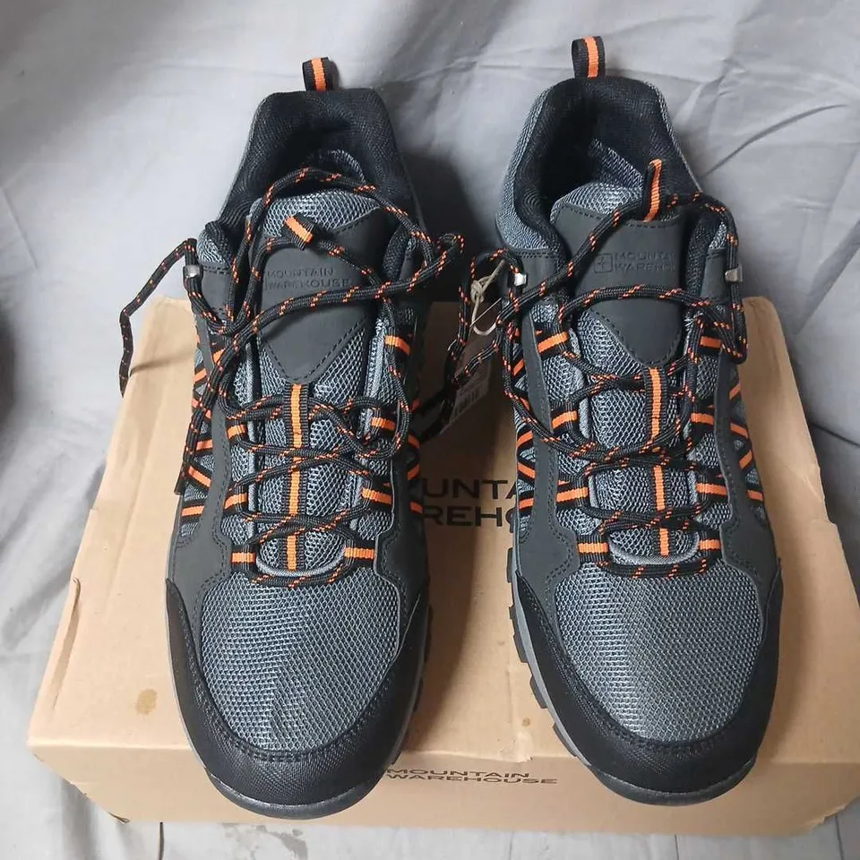 MOUNTAIN WAREHOUSE WATERPROOF WALKING SHOES – GREY/BLACK WITH ORANGE LACES, UK 11 (US 12 / EU 45)