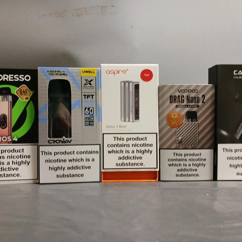 BOX OF APPROXIMATELY 18 ASSORTED E-CIGARETTES TO INCLUDE - VAPORESSO, VOOPOO , ASPIRE