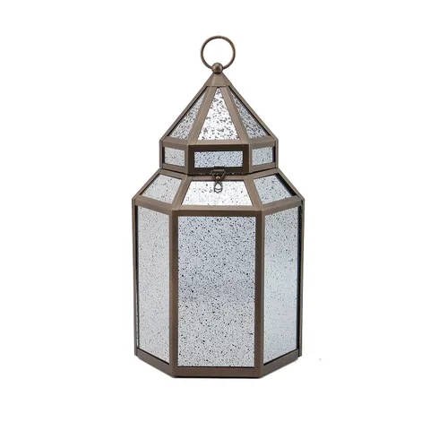 HOME STORIES MERCURY GLASS LARGE LANTERN WITH RICE LIGHTS