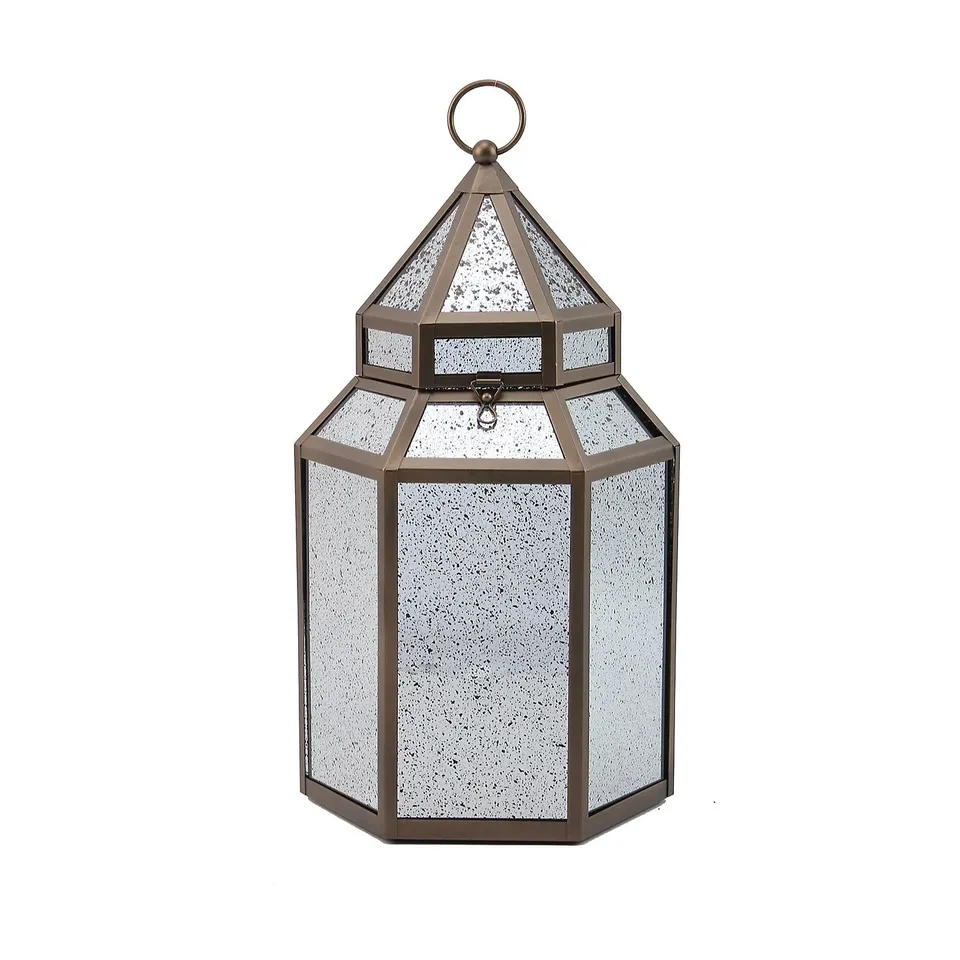 HOME STORIES MERCURY GLASS LARGE LANTERN WITH RICE LIGHTS