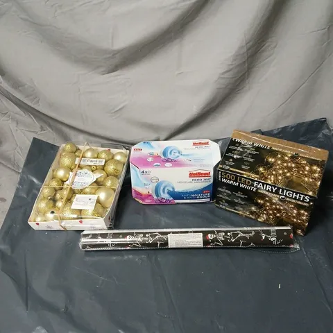 BOX OF APPROXIMATELY 20 ASSORTED HOUSEHOLD ITEMS TO INCLUDE BAUBLES, WRAPPING PAPER, UNIBOND 2 IN 1 ANTI MOISTURE/ODOUR, FAIRY LIGHTS ETCS