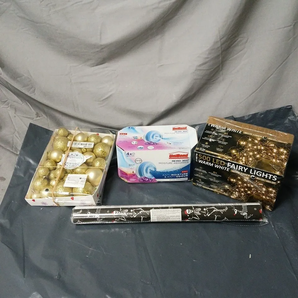 BOX OF APPROXIMATELY 20 ASSORTED HOUSEHOLD ITEMS TO INCLUDE BAUBLES, WRAPPING PAPER, UNIBOND 2 IN 1 ANTI MOISTURE/ODOUR, FAIRY LIGHTS ETCS