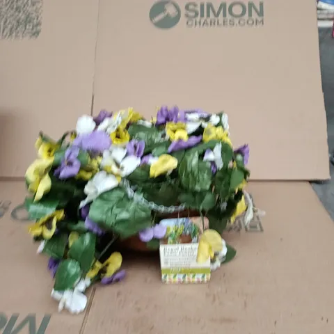 SMART GARDEN REGAL BASKET ARTIFICIAL PANSY FLOWER ARRANGEMENT IN POT – PURPLE, YELLOW & WHITE