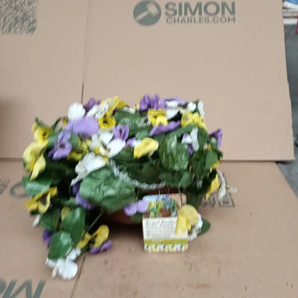 SMART GARDEN REGAL BASKET ARTIFICIAL PANSY FLOWER ARRANGEMENT IN POT – PURPLE, YELLOW & WHITE