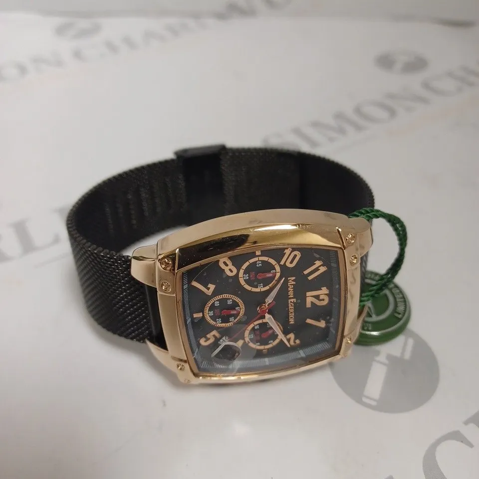 BOXED MANN EGERTON IMPACT ROSE BLACK DIAL MESH STRAP WATCH 
