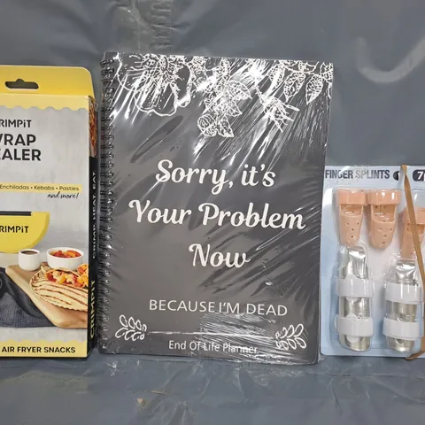 APPROXIMATELY 10 ASSORTED HOUSEHOLD ITEMS TO INCLUDE FINGER SPLINTS, END OF LIFE PLANNER, WRAP SEALER, ETC