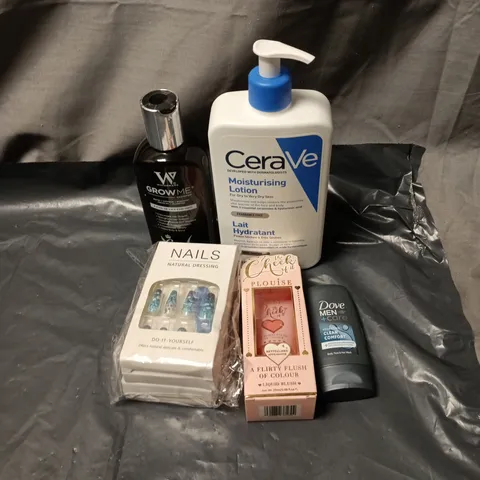 APPROXIMATELY 20 ASSORTED COSMETIC ITEMS INCLUDING CERA VE MOISTURISING LOTION, GROW ME SHAMPOO, NAIL SET, PLOUISE LIQUID BLUSH, DOVE BODY WASH ETC