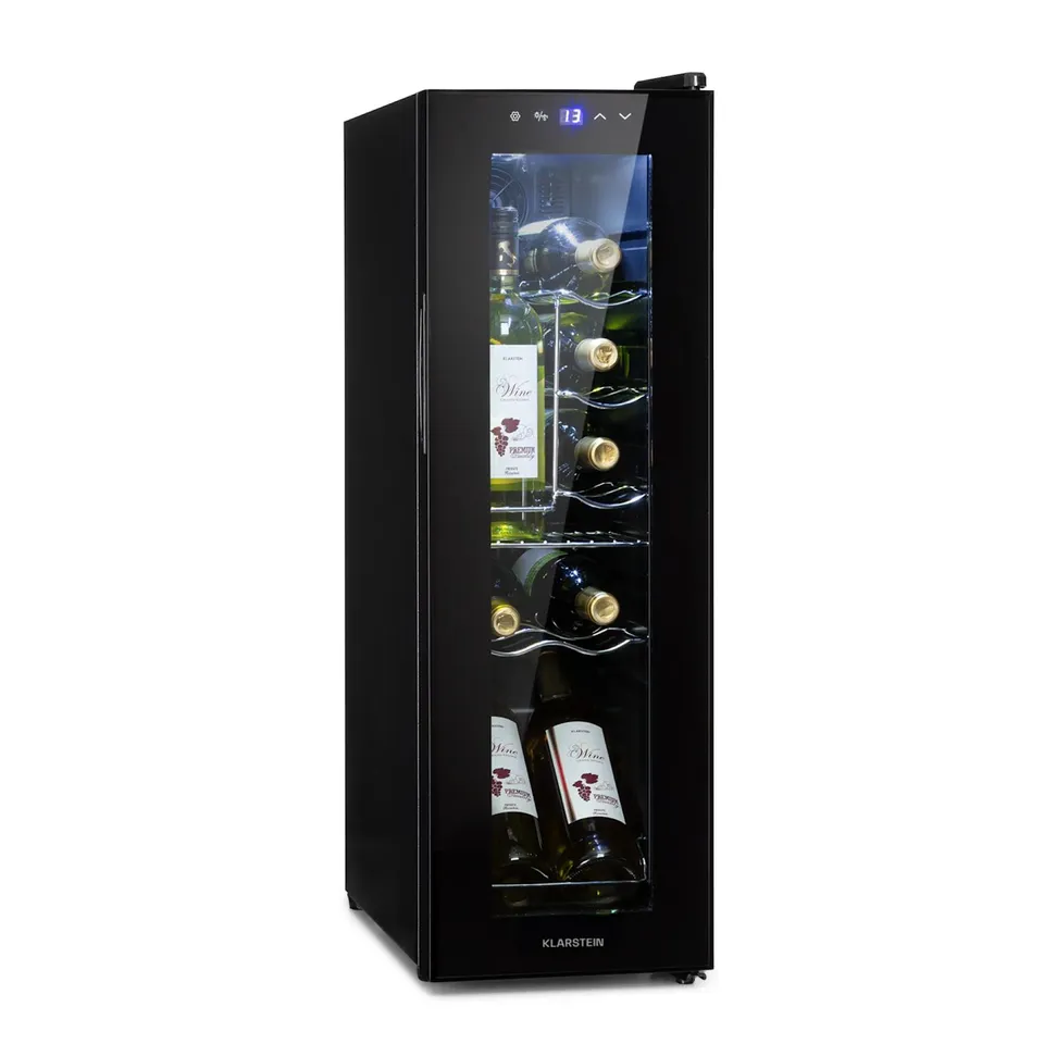 BOXED KLARSTEIN SHIRAZ 25.2CM 12 BOTTLES FREESTANDING WINE FRIDGE BLACK