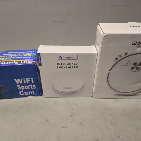 TOTE OF APPROXIMATELY 7 ASSORTED ITEMS TO INCLUDE - WIFI SPORT CAM , SMOKE ALARM , SMRAT LIFE VACUUM CLEANER ETC