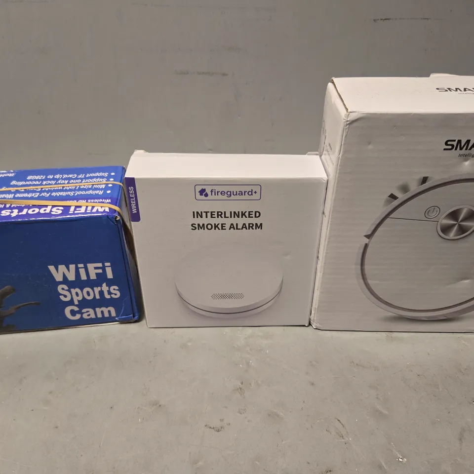 TOTE OF APPROXIMATELY 7 ASSORTED ITEMS TO INCLUDE - WIFI SPORT CAM , SMOKE ALARM , SMRAT LIFE VACUUM CLEANER ETC