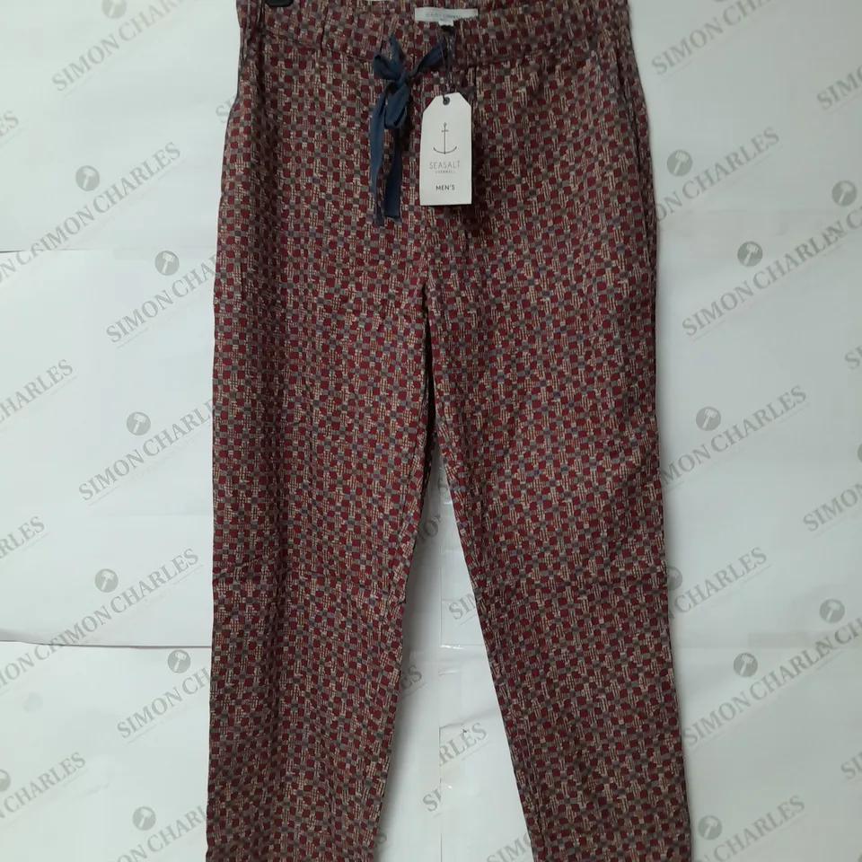 SEASALT MEN'S PATTERNED COTTON TROUSERS WITH ELASTICATED WAIST IN RED AND BLUE SIZE S