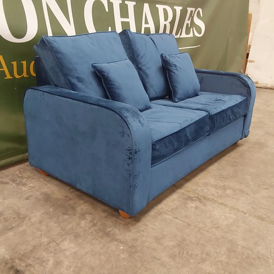 QUALITY DESIGNER BLUE VELVET SOFA BED