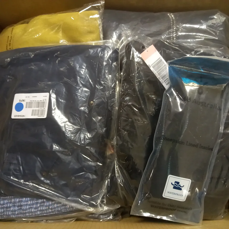 BOX OF APPROX 15 ASSORTED CLOTHING ITEMS TO INCLUDE - WHITE STUFF PANTS - BADGLEY MSCHKA - EMU AUSTRALIA SHEEPSKIN LINED INSOLES ECT