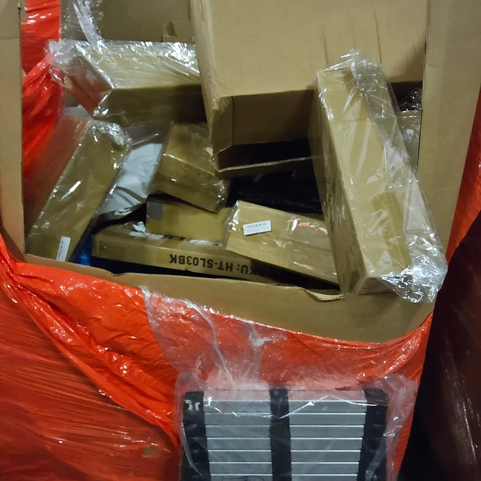 PALLET OF ASSORTED ITEMS TO INCLUDE, TELESCOPIC LADDER, BAGS CRAFT POLYSTYRENE, PINYATA, BOXED FURNITURE.