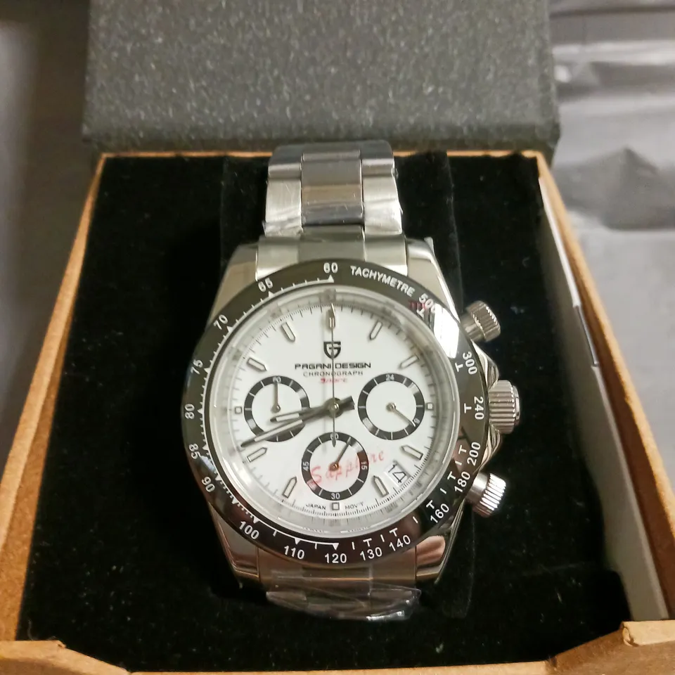 BOXED PAGANI DESIGN WHITE DIAL CLASSIC CHRONOGRAPH WATCH