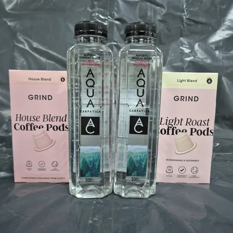 APPROXIMATELY 3 ASSORTED FOOD ITEMS TO INCLUDE AQUA MINERAL WATER, GRIND COFFEE PODS