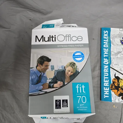 BOX OF APPROXIMATELY 25 ITEMS TO INCLUDE: A4 PAPER AND DOCTOR WHO COMIC