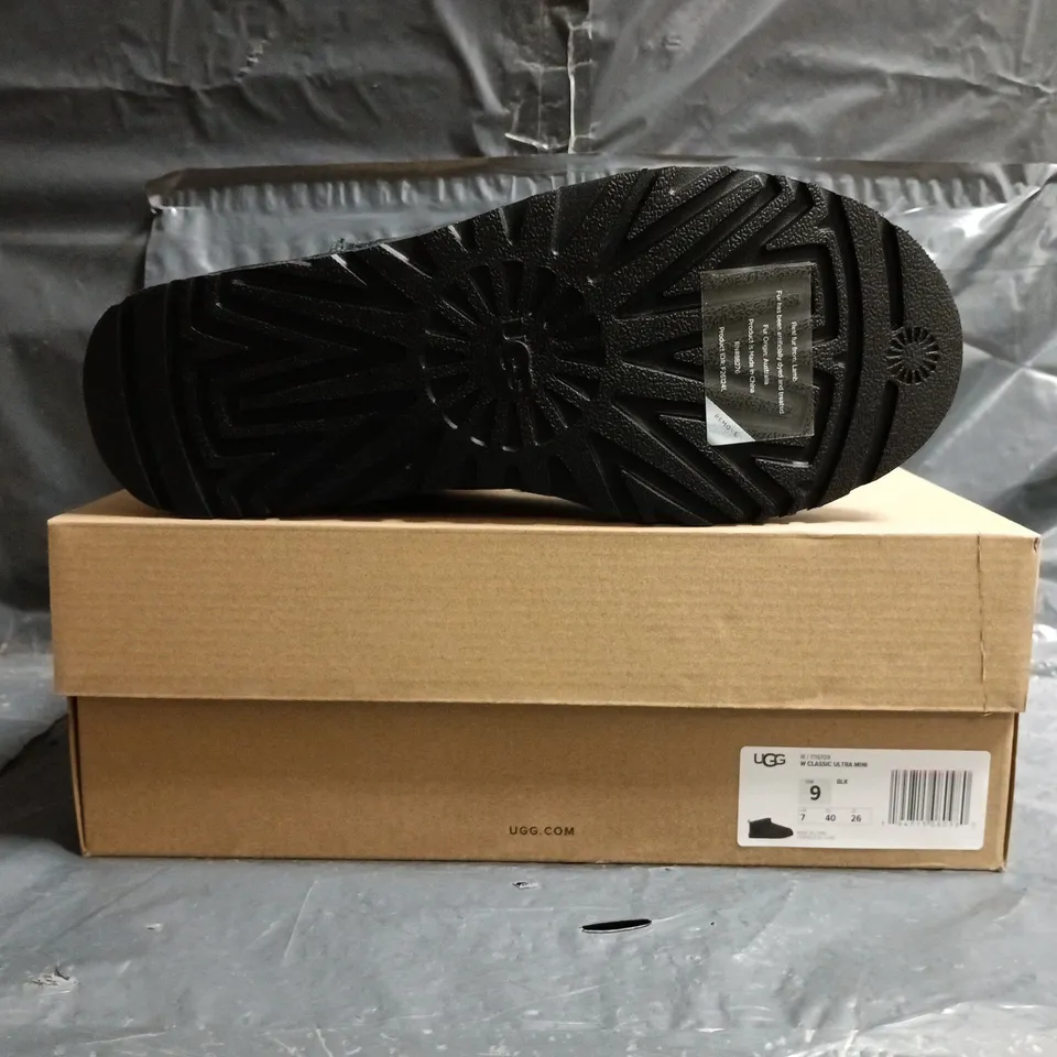 BOXED PAIR OF UGG CLASSIC ULTRA MINI SHOES IN BLACK SIZE UK 7
