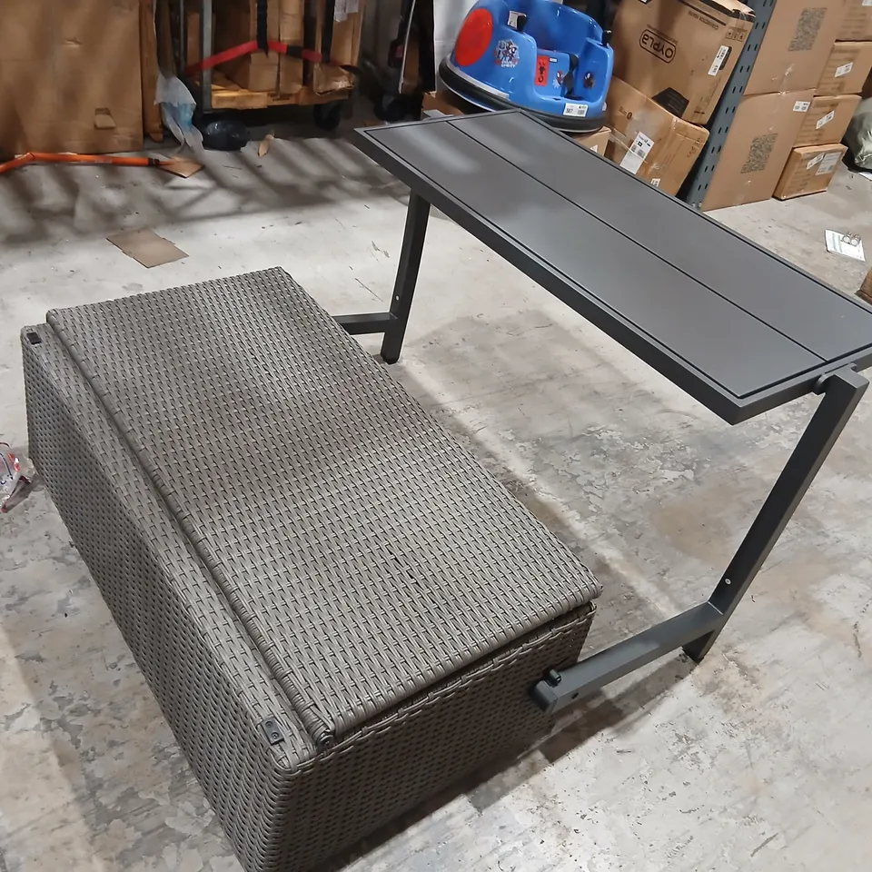 GREY WOVEN OUTDOOR DINING SET WITH CUSHIONED STORAGE BENCH – TABLE + 2 CHAIRS