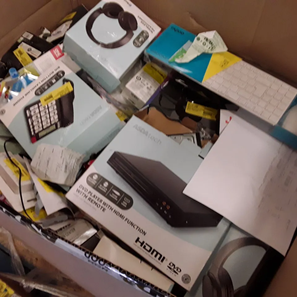 BOX OF ASSORTED ELECTRONIC PRODUCTS INCLUDING HEADPHONES, KEYBOARD & MOUSE, BIG BUTTON LANDLINE PHONE, DVD PLAYER