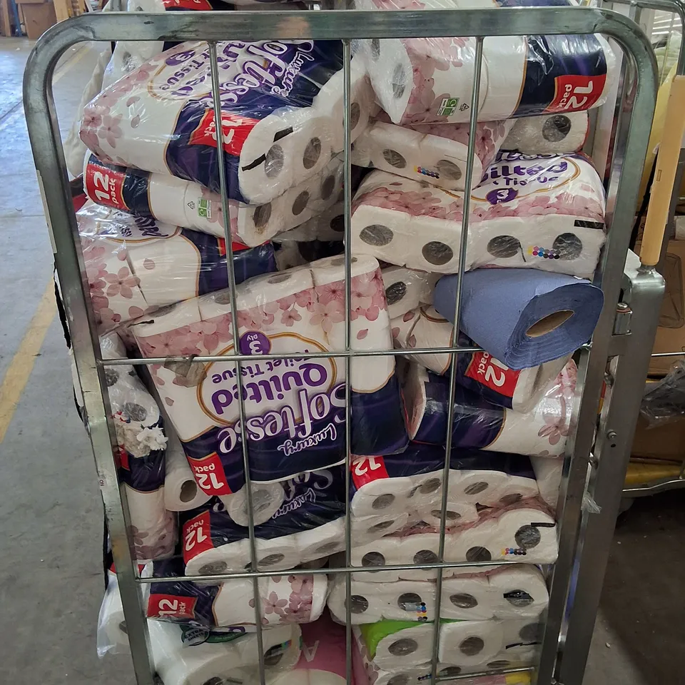 CAGE CONTAINING ASSORTED TOILET TISSUE, KITCHEN ROLL & BLUE PAPER ROLLS
