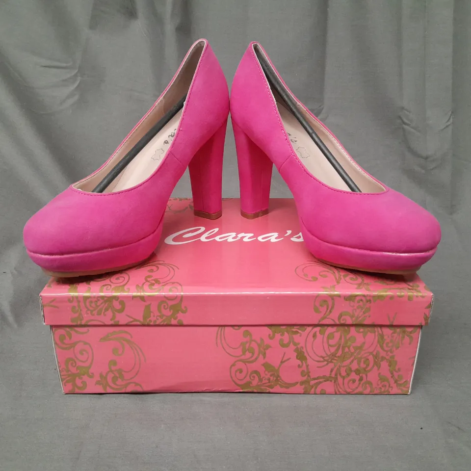 BOXED PAIR OF CLARA'S CLOSED TOE HIGH HEEL SHOES IN FUCHSIA 35